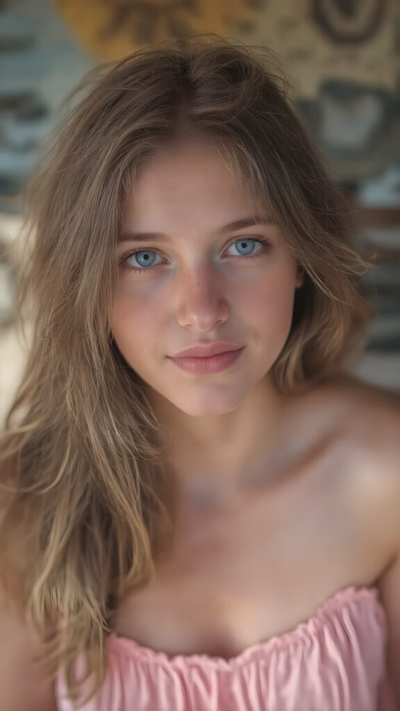 A (((realistically captured moment in a warm, sunny setting))), where a (((beautiful dirty teen girl))) with (long, messy hair) and (a softly faded summer dress) is posed against a backdrop of a (retro 80s-style backdrop) for a full-body shot. Her face exudes a (vibrant, happy vibe), with (natural skin) and (defined, pale blue eyes) that give off a (cool, detailed glow). Her expression is (extremely happy and serene), as if captured in a (professional studio photo) that exudes a (soft, warm light) with intricate details on her face and skin that make her look (extremely beautiful) at an 8K resolution and UHD advanced image quality