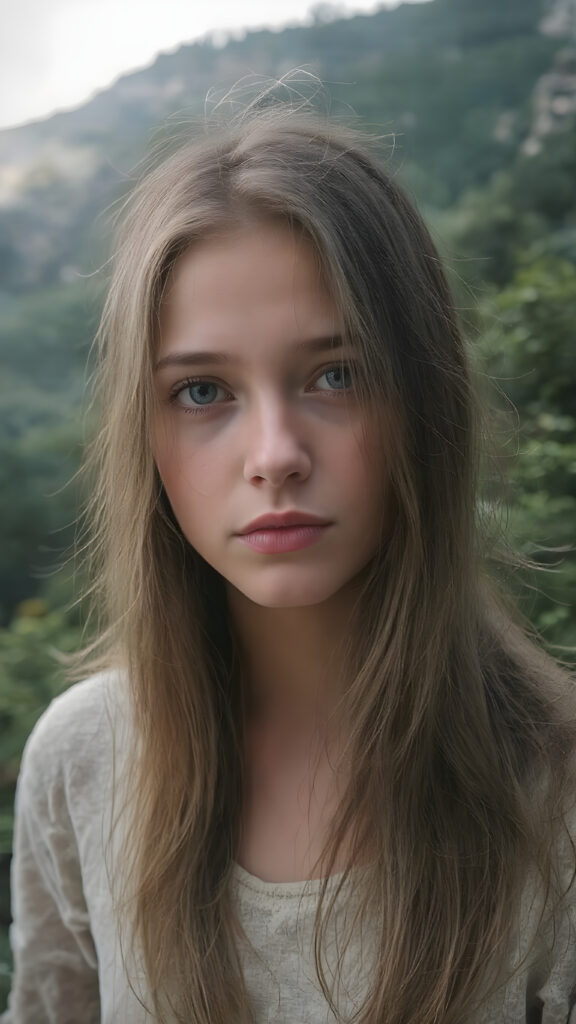 A (((realistically detailed portrait))) of a (((beautiful cute young adult natural teen girl)), with straight long flowing hair, and (((white skin)), juxtaposed against a (((natural backdrop of a (high mountain range) with a (forest so dense it's indistinguishable from the misty green lush forests that surround it), under a (softly glowing, overhead light) that gives off an ethereal halo. Her features are exquisitely drawn, with (((perfect curved lips))), and (((white irises))). The overall style is reminiscent of classic Hollywood cinematography, with a (((natural, ultra realistic complexion))), and a (vivid, highly detailed, full color aesthetic) that completes the (professional, ultra realistic photo)