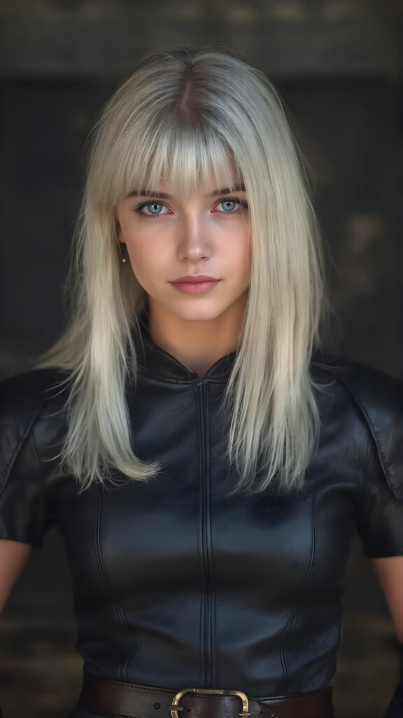 A (((realistically captured high-resolution photograph))), portraying a (((beautiful young girl))) with ((straight, long, white hair)) and (((black irises))) in a (((black leather armor leader suit))), accessorized with a (((golden belt))), poised confidently with a (((subtle smile))) that gives off a youthful, powerful allure, seductive, full body shot, reminiscent of the 40s, with a (((perfectly proportioned figure))), emphasizing its (modern sophistication) and vintage fashion themes, set against a backdrop of (detailed, ultra high definition rendering), with (sharp focus) on her face and (softly blurred) background that enhances the overall (mysterious atmosphere)