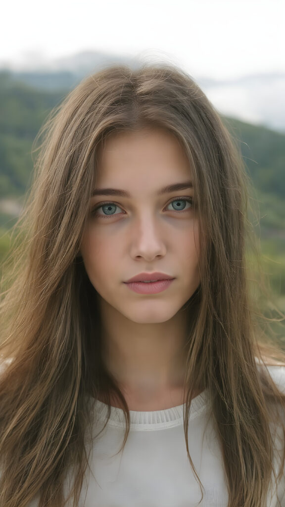 A (((realistically detailed portrait))) of a (((beautiful cute young adult natural teen girl)), with straight long flowing hair, and (((white skin)), juxtaposed against a (((natural backdrop of a (high mountain range) with a (forest so dense it's indistinguishable from the misty green lush forests that surround it), under a (softly glowing, overhead light) that gives off an ethereal halo. Her features are exquisitely drawn, with (((perfect curved lips))), and (((white irises))). The overall style is reminiscent of classic Hollywood cinematography, with a (((natural, ultra realistic complexion))), and a (vivid, highly detailed, full color aesthetic) that completes the (professional, ultra realistic photo)