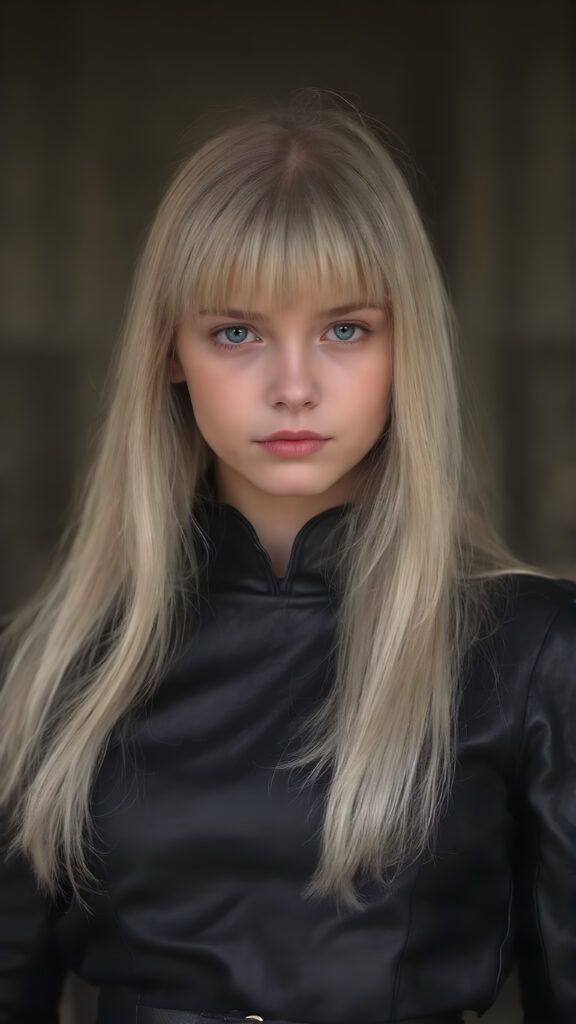 A (((realistically captured high-resolution photograph))), portraying a (((beautiful young girl))) with ((straight, long, white hair)) and (((black irises))) in a (((black leather armor leader suit))), accessorized with a (((golden belt))), poised confidently with a (((subtle smile))) that gives off a youthful, powerful allure, seductive, full body shot, reminiscent of the 40s, with a (((perfectly proportioned figure))), emphasizing its (modern sophistication) and vintage fashion themes, set against a backdrop of (detailed, ultra high definition rendering), with (sharp focus) on her face and (softly blurred) background that enhances the overall (mysterious atmosphere)