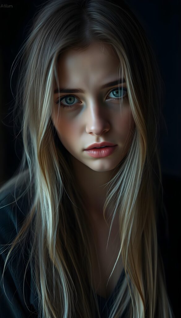 A sad girl; her gaze into the camera conveys nothing but sadness. She has long, silky blond hair and brown highlights that falls gently over her shoulders, and her eyes are dark and tearful. Dark backdrop. Realistic. 4K. HDR.