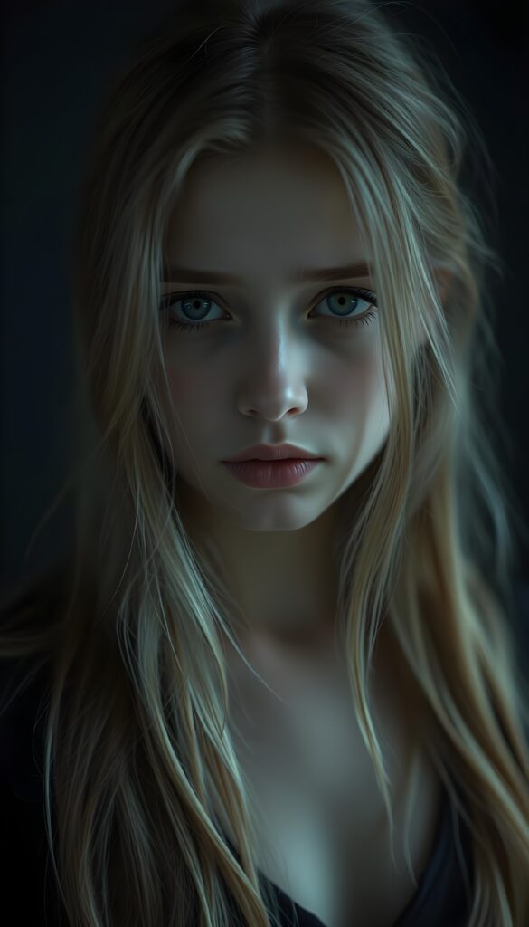 A sad girl; her gaze into the camera conveys nothing but sadness. She has long, silky blond hair and brown highlights that falls gently over her shoulders, and her eyes are dark and tearful. Dark backdrop. Realistic. 4K. HDR.