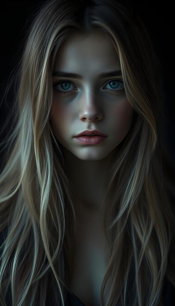 A sad girl; her gaze into the camera conveys nothing but sadness. She has long, silky blond hair and brown highlights that falls gently over her shoulders, and her eyes are dark and tearful. Dark backdrop. Realistic. 4K. HDR.