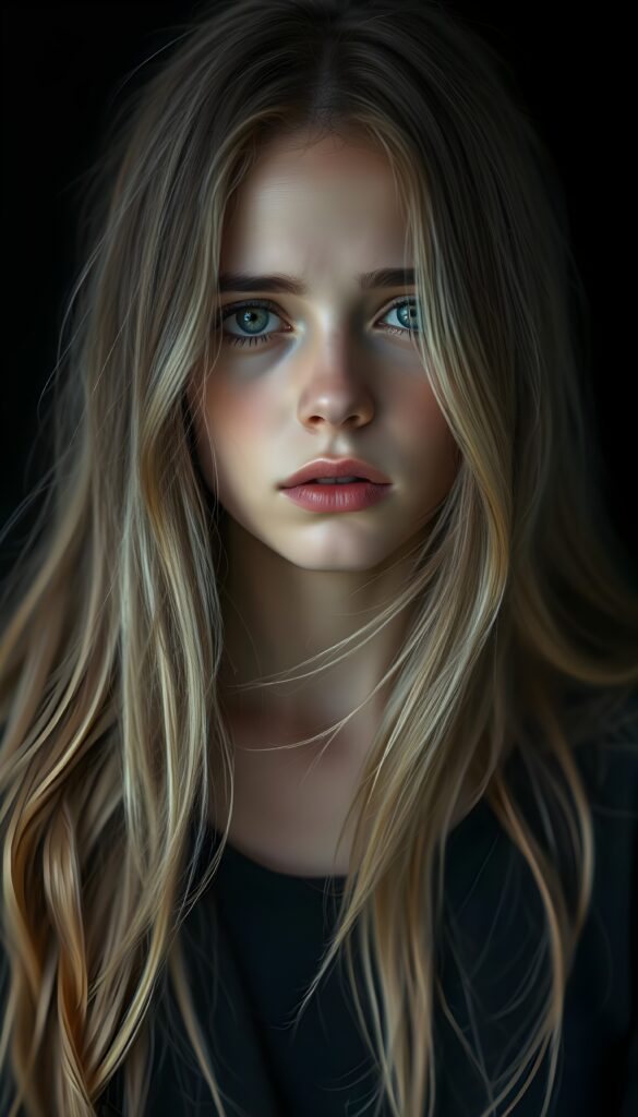 A sad girl; her gaze into the camera conveys nothing but sadness. She has long, silky blond hair and brown highlights that falls gently over her shoulders, and her eyes are dark and tearful. Dark backdrop. Realistic. 4K. HDR.