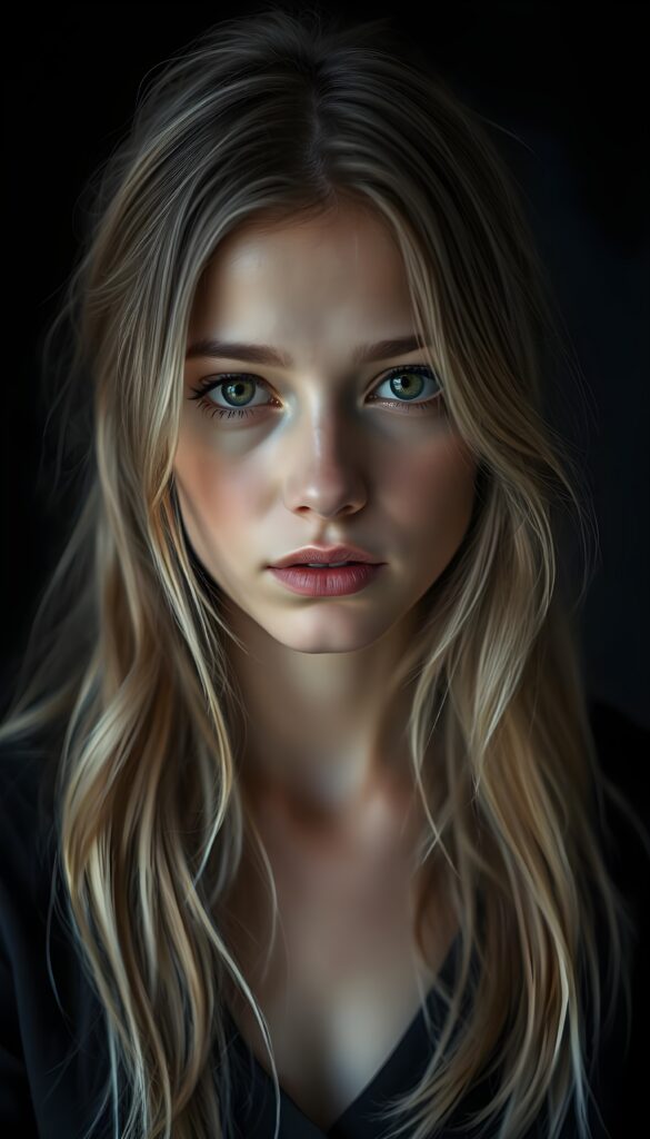 A sad girl; her gaze into the camera conveys nothing but sadness. She has long, silky blond hair and brown highlights that falls gently over her shoulders, and her eyes are dark and tearful. Dark backdrop. Realistic. 4K. HDR.