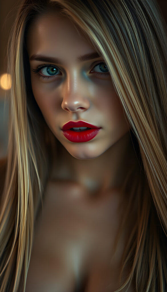 A seductive young girl with flawless skin, a low neckline, full, plump red lips, green eyes, long, straight, silky golden blonde hair, and her mouth slightly open.