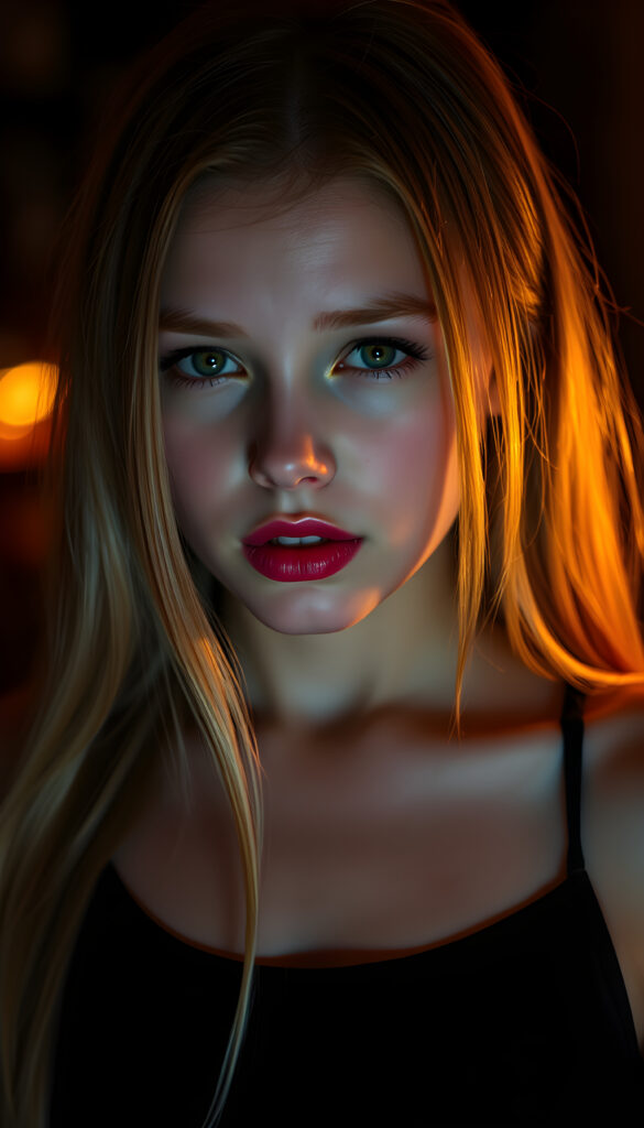 A seductive young girl with flawless skin, a low neckline, full, plump red lips, green eyes, long, straight, silky golden blonde straight hair same length left and right, and her mouth slightly open, dark background, black cropped spaghetti tank top