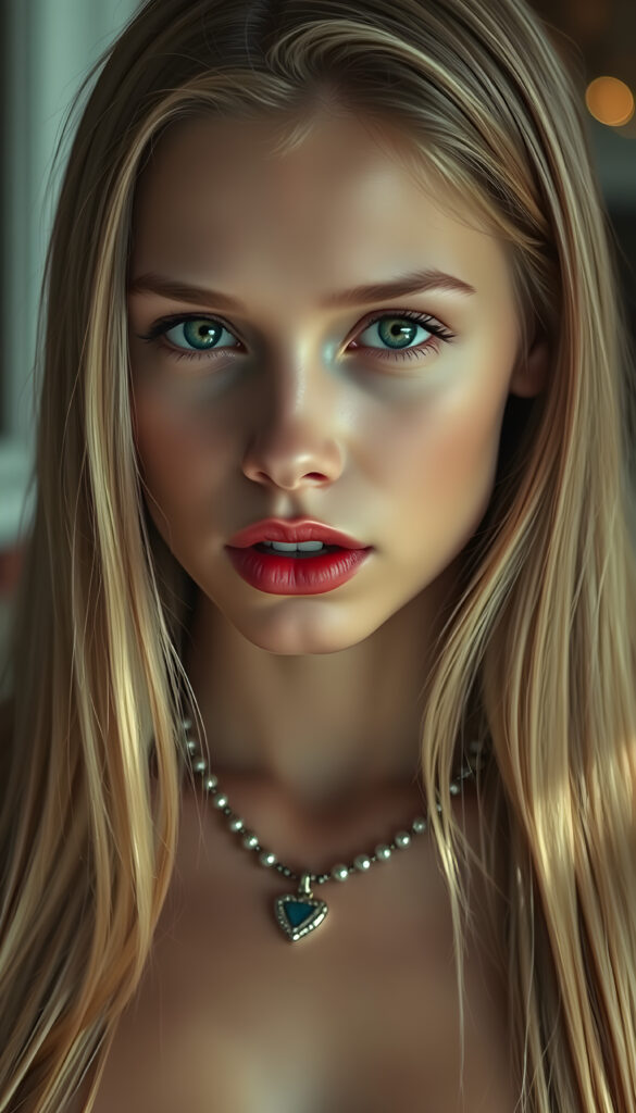 A seductive young girl with flawless skin, a low neckline, full, plump red lips, green eyes, long, straight, silky golden blonde hair, and her mouth slightly open.