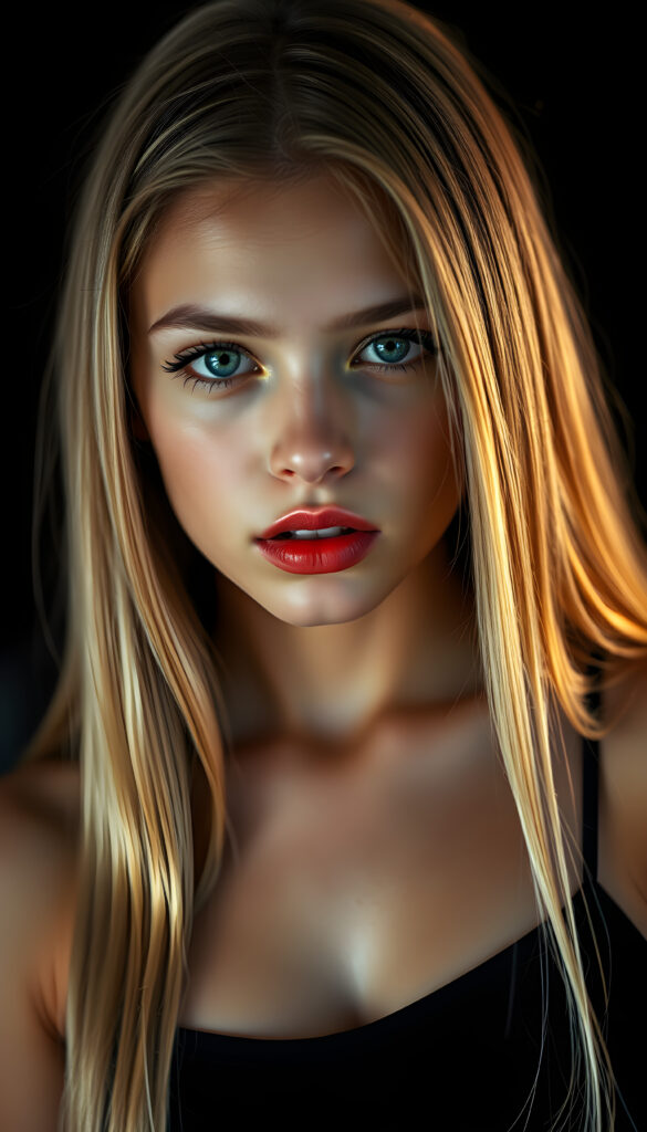 A seductive young girl with flawless skin, a low neckline, full, plump red lips, green eyes, long, straight, silky golden blonde straight hair same length left and right, and her mouth slightly open, dark background, black cropped spaghetti tank top