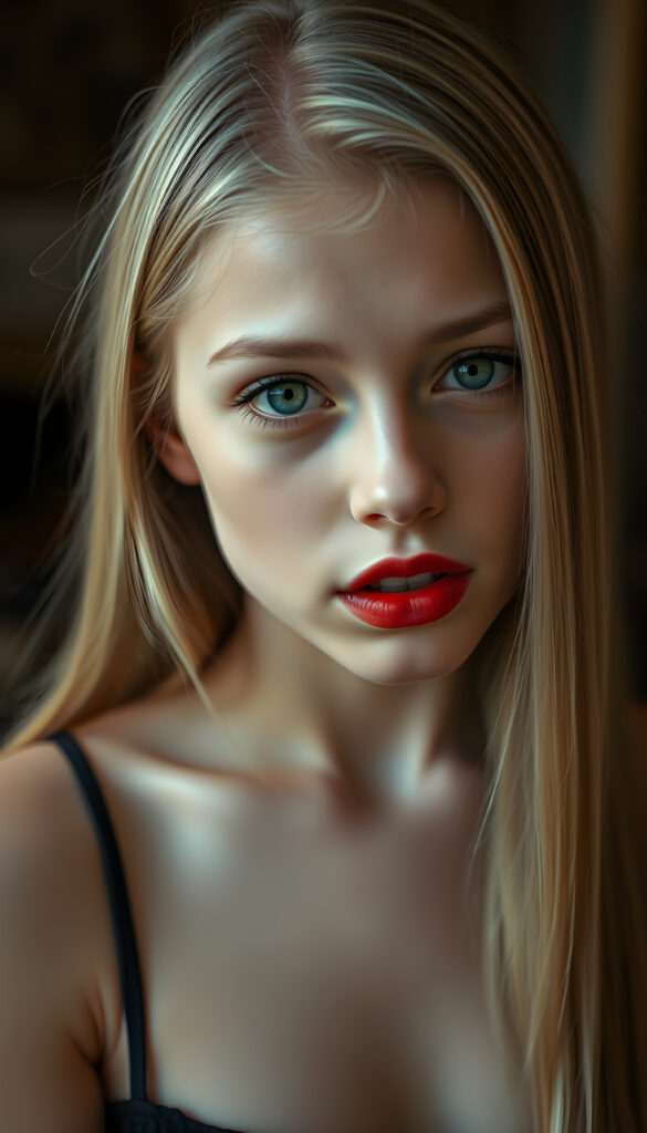 A seductive young girl with flawless skin, a low neckline, full, plump red lips, green eyes, long, straight, silky golden blonde hair, and her mouth slightly open.