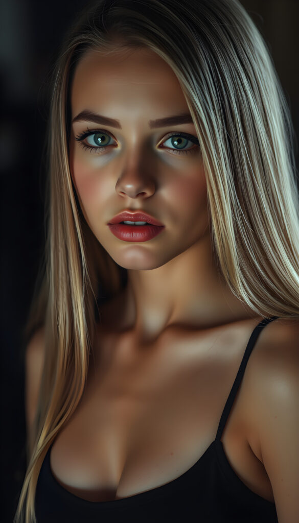 A seductive young girl with flawless skin, a low neckline, full, plump red lips, green eyes, long, straight, silky golden blonde straight hair same length left and right, and her mouth slightly open, dark background, black cropped spaghetti tank top