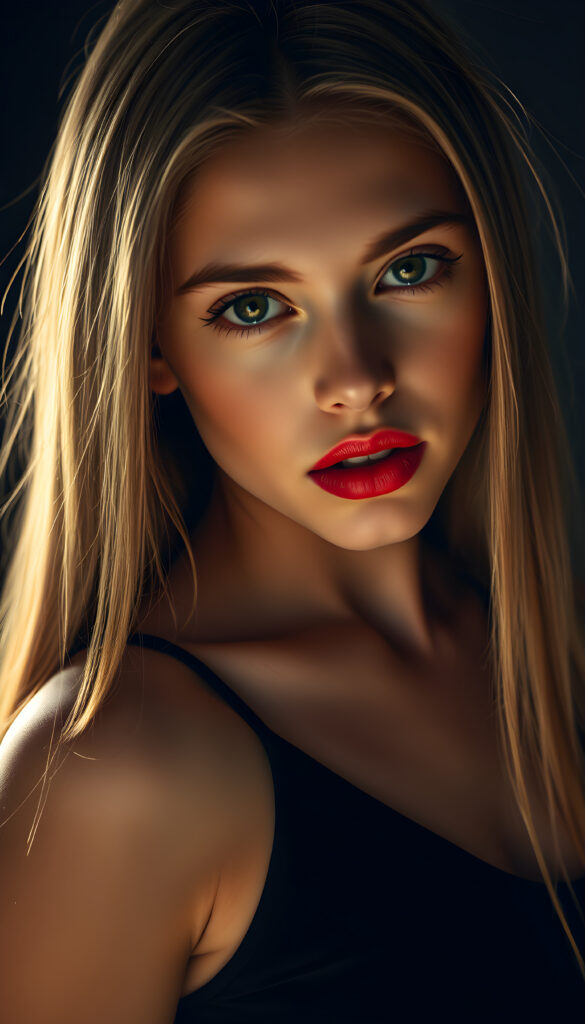 A seductive young girl with flawless skin, a low neckline, full, plump red lips, green eyes, long, straight, silky golden blonde straight hair same length left and right, and her mouth slightly open, dark background, black cropped spaghetti tank top