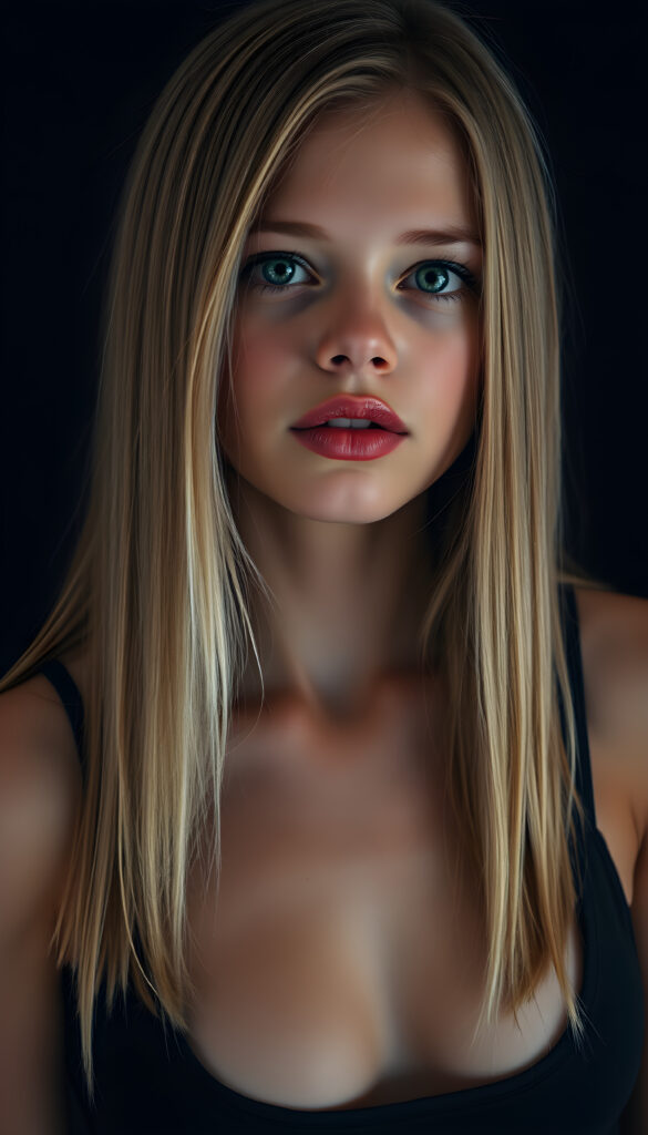 A seductive young girl with flawless skin, a low neckline, full, plump red lips, green eyes, long, straight, silky golden blonde straight hair same length left and right, and her mouth slightly open, dark background, black cropped spaghetti tank top