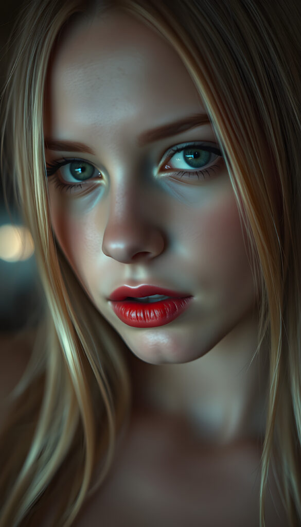 A seductive young girl with flawless skin, a low neckline, full, plump red lips, green eyes, long, straight, silky golden blonde hair, and her mouth slightly open.