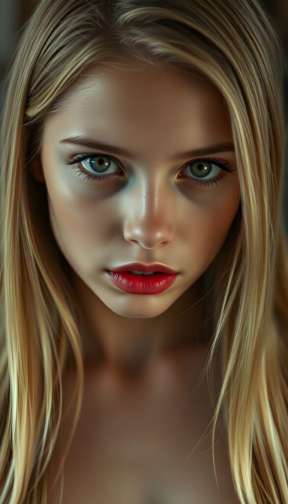 A seductive young girl with flawless skin, a low neckline, full, plump red lips, green eyes, long, straight, silky golden blonde hair, and her mouth slightly open.