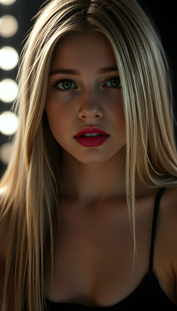 A seductive young girl with flawless skin, a low neckline, full, plump red lips, green eyes, long, straight, silky golden blonde straight hair same length left and right, and her mouth slightly open, dark background, black cropped spaghetti tank top