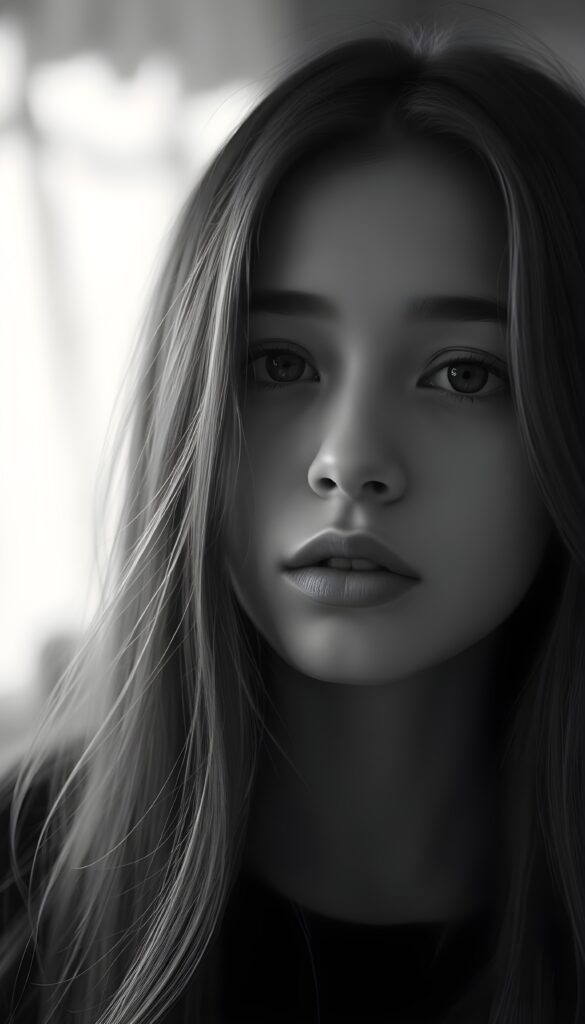 A sensual black-and-white photo of a gentle girl with long hair, full lips, puppy-dog eyes, innocent.