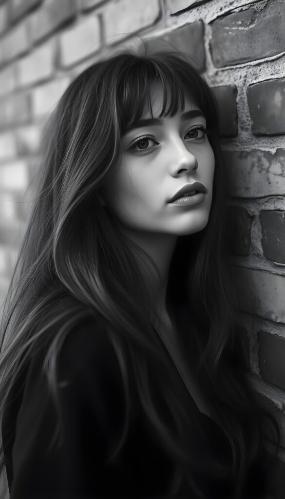 A sensual black-and-white photo of a gentle girl with long hair, full lips, puppy-dog eyes, and an innocent look. Her gaze is full of hope. Her round head is leaning against a classic brick wall. Her gaze is slightly tilted to the side, and she is looking pas