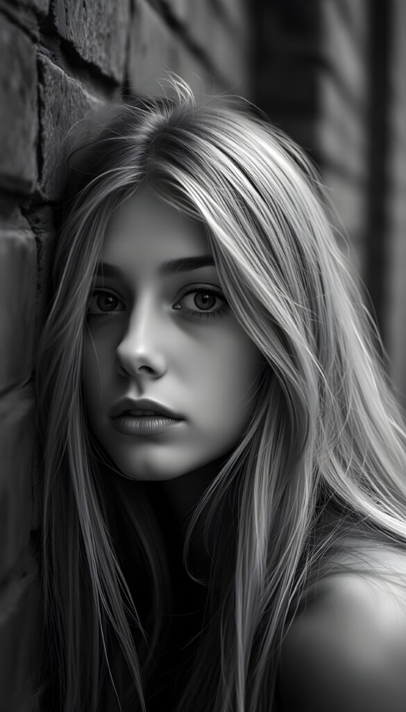 A sensual black-and-white photo of a gentle girl with long hair, full lips, puppy-dog eyes, and an innocent look. Her gaze is full of hope. Her round head is leaning against a classic brick wall. Her gaze is slightly tilted to the side, and she is looking pas