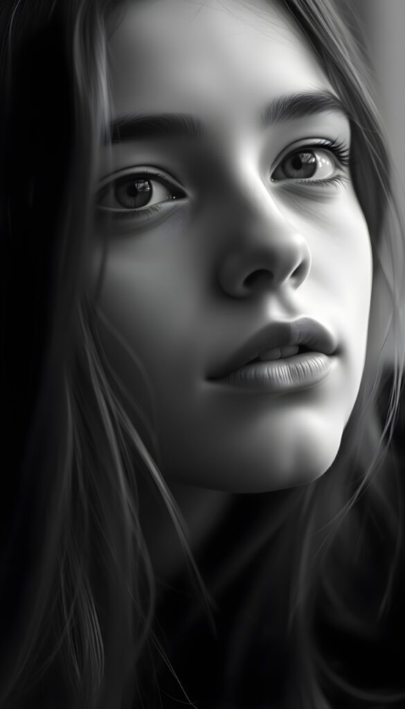 A sensual black-and-white photo of a gentle young teen girl with long hair, full lips, puppy-dog eyes, innocent. Her gaze is full of hope and she looks slightly up at the camera.