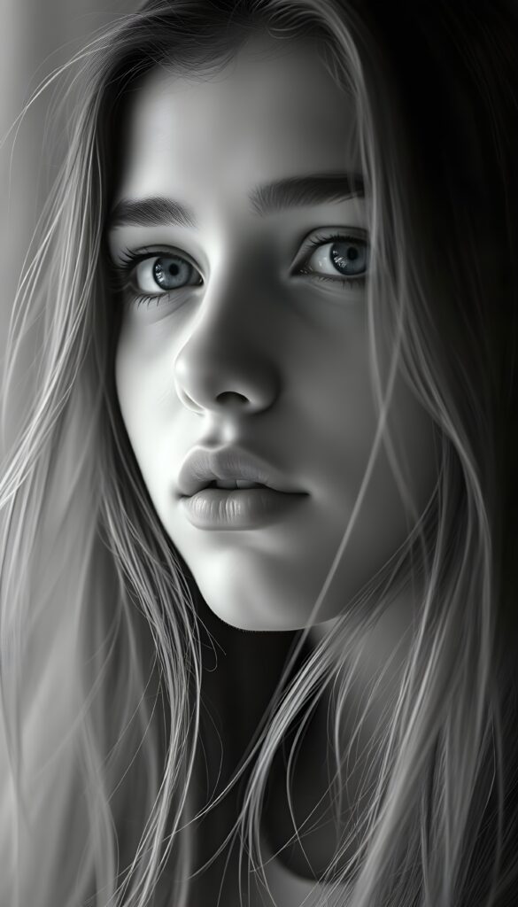 A sensual black-and-white photo of a gentle young teen girl with long hair, full lips, puppy-dog eyes, innocent. Her gaze is full of hope and she looks slightly up at the camera.