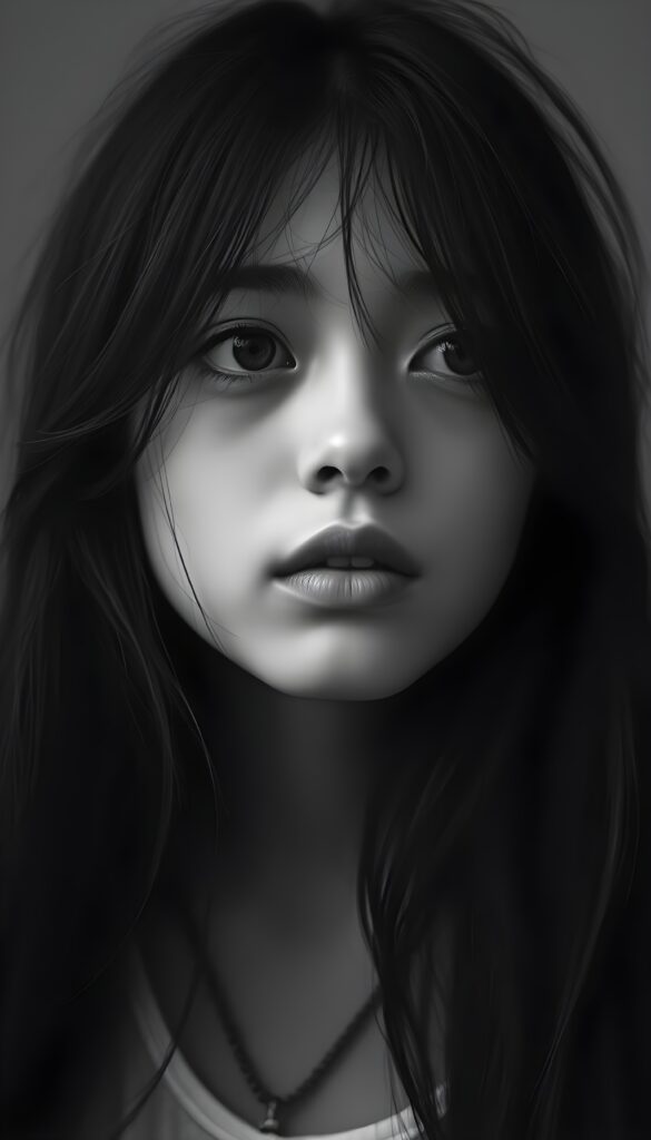 A sensual black-and-white photo of a gentle young teen girl with long hair, full lips, puppy-dog eyes, innocent. Her gaze is full of hope and she looks slightly up at the camera.
