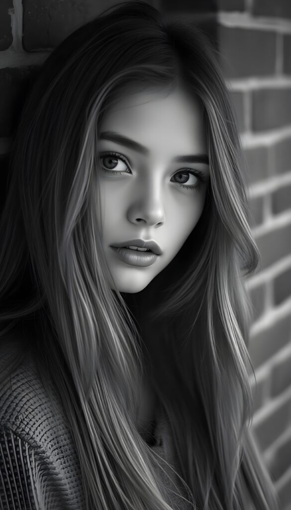 A sensual black-and-white photo of a gentle girl with long hair, full lips, puppy-dog eyes, and an innocent look. Her gaze is full of hope. Her round head is leaning against a classic brick wall. Her gaze is slightly tilted to the side, and she is looking pas