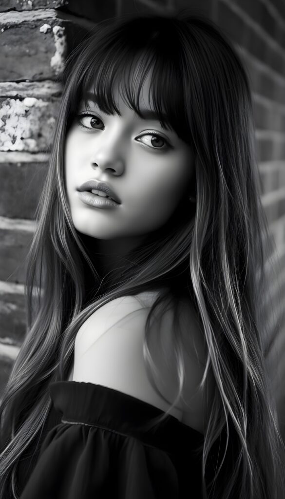 A sensual black-and-white photo of a gentle girl with long hair, full lips, puppy-dog eyes, and an innocent look. Her gaze is full of hope. Her round head is leaning against a classic brick wall. Her gaze is slightly tilted to the side, and she is looking pas