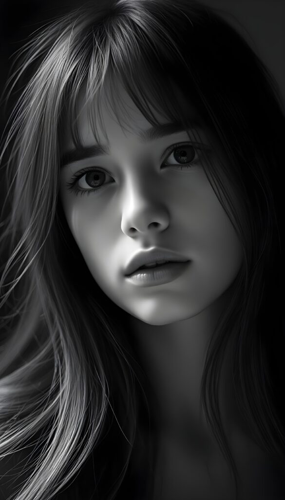 A sensual black-and-white photo of a gentle young teen girl with long hair, full lips, puppy-dog eyes, innocent. Her gaze is full of hope and she looks slightly up at the camera.