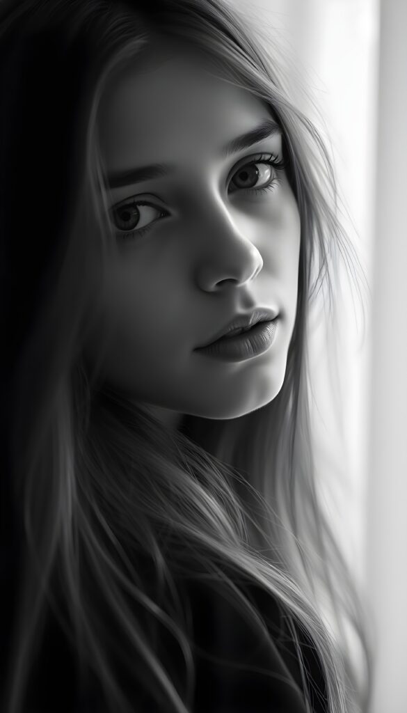 A sensual black-and-white photo of a gentle young teen girl with long hair, full lips, puppy-dog eyes, innocent. Her gaze is full of hope and she looks slightly up at the camera.