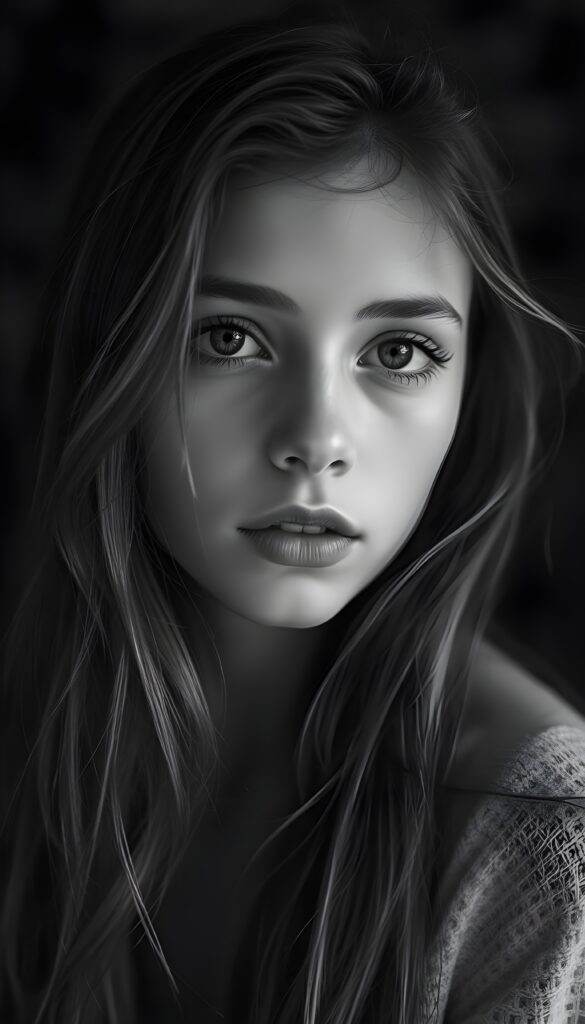 A sensual black-and-white photo of a gentle young teen girl with long hair, full lips, puppy-dog eyes, innocent. Her gaze is full of hope and she looks slightly up at the camera.