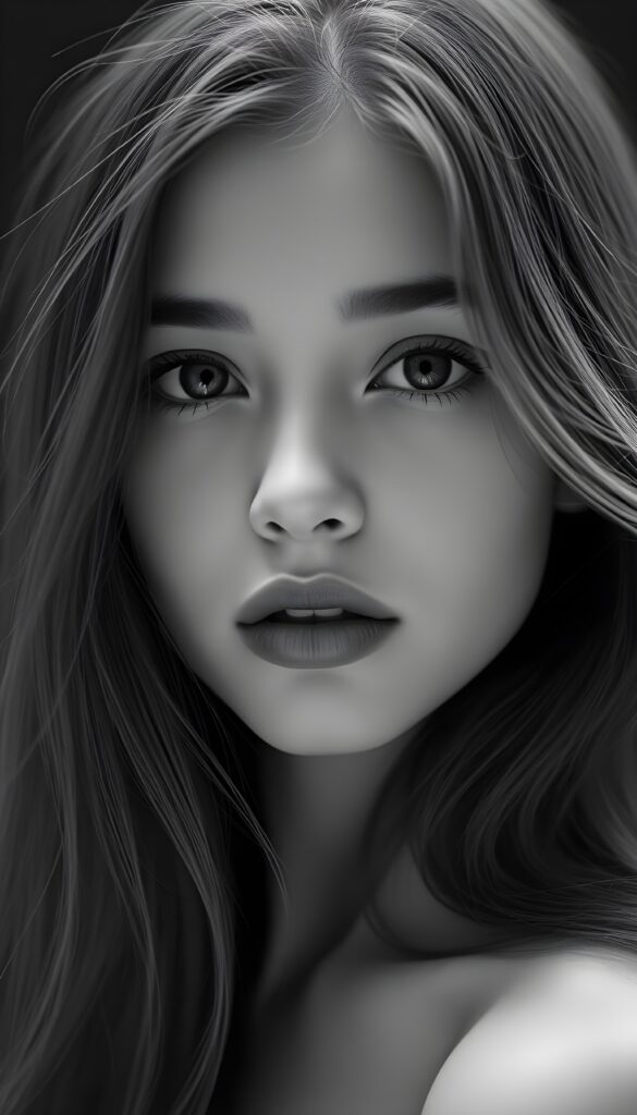 A sensual black-and-white photo of a gentle girl with long hair, full lips, puppy-dog eyes, innocent.