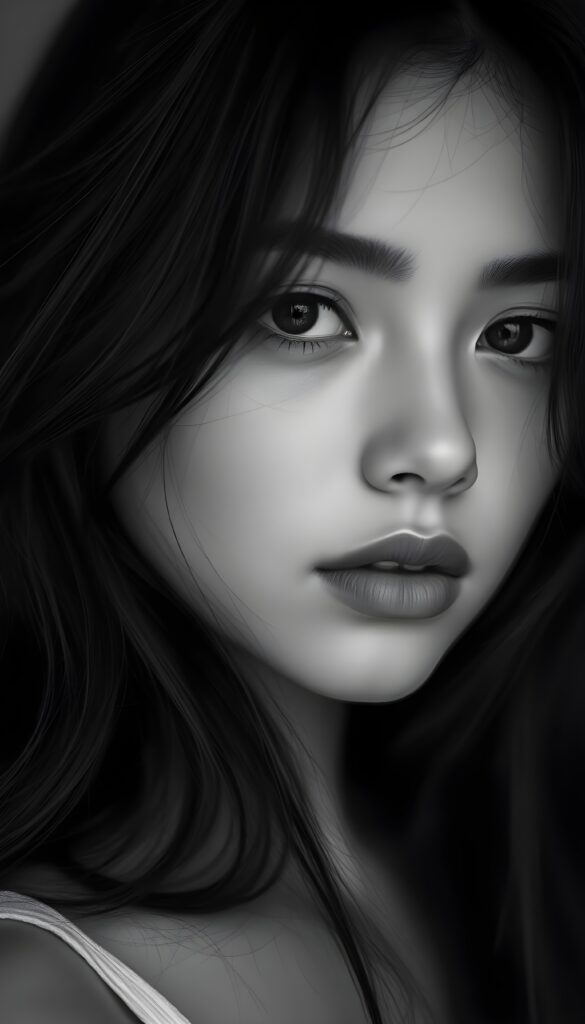 A sensual black-and-white photo of a gentle girl with long hair, full lips, puppy-dog eyes, innocent.