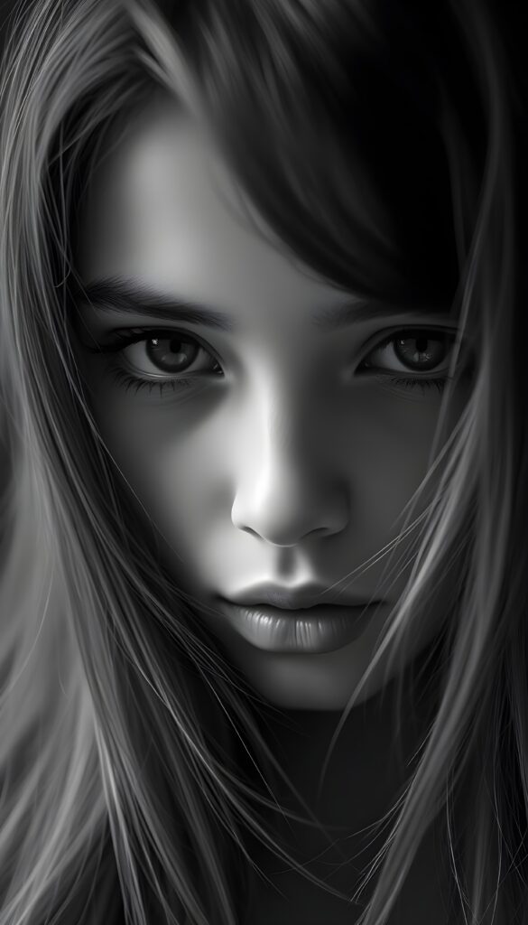 A sensual black-and-white photo of a gentle girl with long hair, full lips, puppy-dog eyes, innocent.