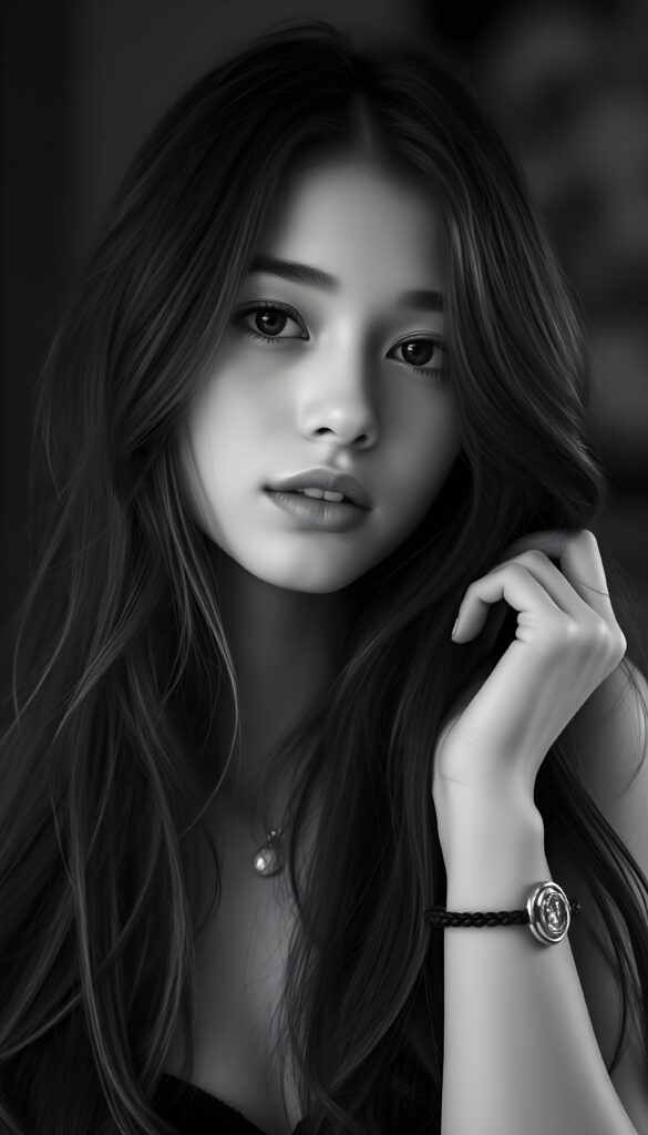 A sensual black-and-white photo of a gentle girl with long hair, full lips, puppy-dog eyes, innocent.