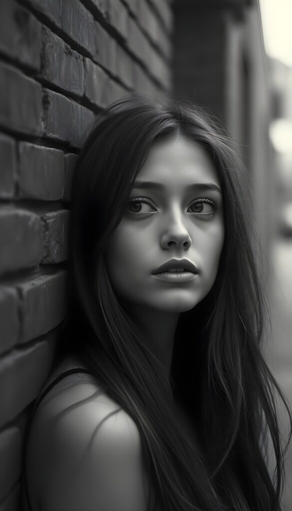 A sensual black-and-white photo of a gentle girl with long hair, full lips, puppy-dog eyes, and an innocent look. Her gaze is full of hope. Her round head is leaning against a classic brick wall. Her gaze is slightly tilted to the side, and she is looking pas