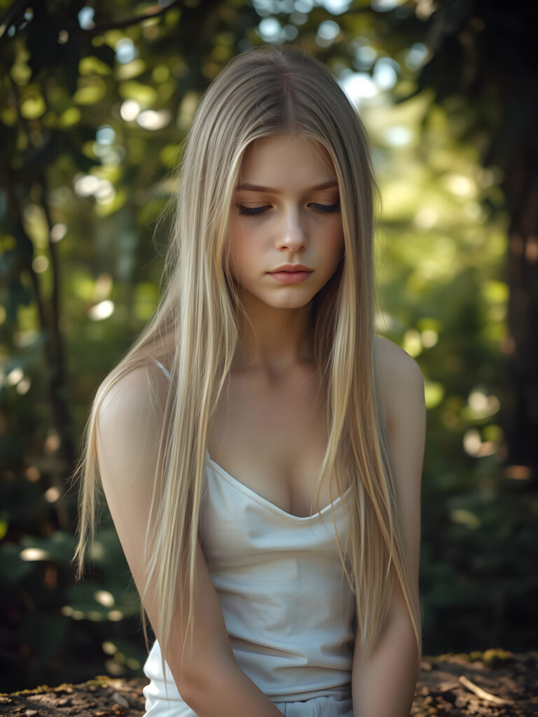 A serene and thoughtful young girl with long, soft, straight blonde hair cascading down her shoulders, wearing a white, low-cut spaghetti strap tank top that elegantly frames her figure. The scene is set against a backdrop of lush greenery with sunlight filtering through the leaves, casting a warm, golden glow on her delicate features. She is sitting on a moss-covered stone bench, her posture relaxed yet slightly shy, her eyes gazing downward with a mix of bashfulness and contemplation. The overall composition is dreamy and enchanting, with vibrant colors and a soft focus that adds to the ethereal atmosphere.