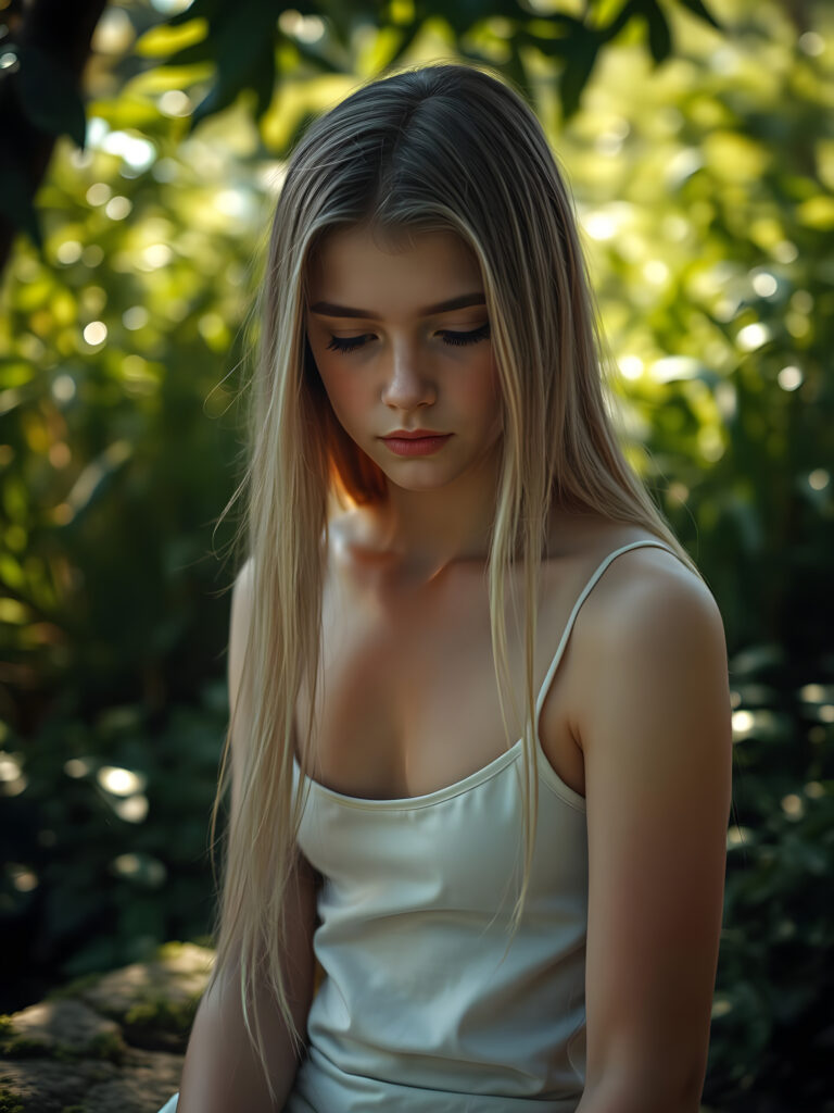 A serene and thoughtful young girl with long, soft, straight blonde hair cascading down her shoulders, wearing a white, low-cut spaghetti strap tank top that elegantly frames her figure. The scene is set against a backdrop of lush greenery with sunlight filtering through the leaves, casting a warm, golden glow on her delicate features. She is sitting on a moss-covered stone bench, her posture relaxed yet slightly shy, her eyes gazing downward with a mix of bashfulness and contemplation. The overall composition is dreamy and enchanting, with vibrant colors and a soft focus that adds to the ethereal atmosphere.