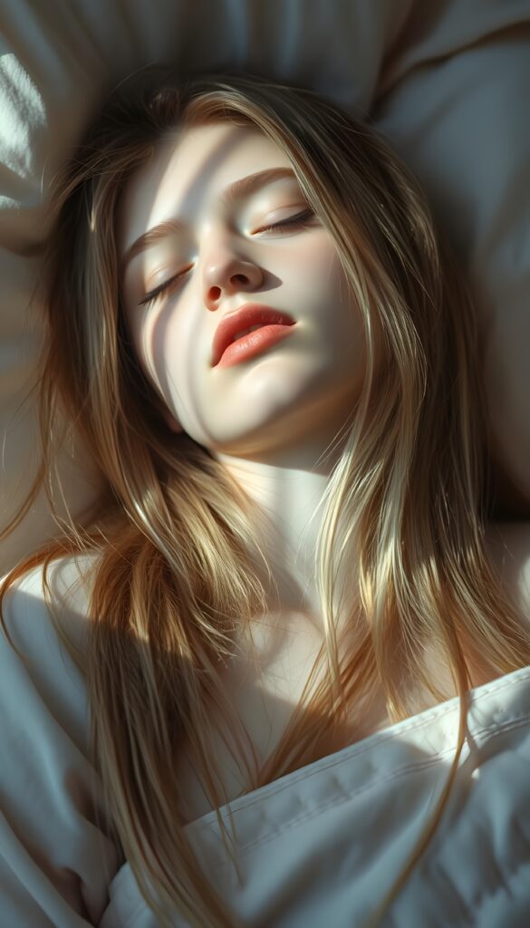 A serene, ethereal scene unfolds as a young girl with long, straight, hazelnut brown hair and blond highlights cascades down to her waist, her roots softly blending into the light, creating an almost celestial aura. Her lips, painted in pastel shades, are gently parted, and she sleeps peacefully on her back, her eyelashes fluttering in the gentle breeze. The room is bathed in soft, pastel light, casting a comforting glow, with a pastel-colored quilt covering her. The composition includes delicate, fluffy clouds in the background, enhancing the dreamy, tranquil atmosphere.