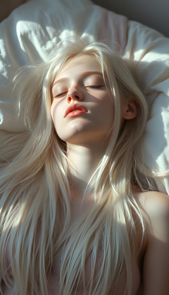 A serene, ethereal scene unfolds as a young girl with long, straight, platinum blonde hair cascades down to her waist, her roots softly blending into the light, creating an almost celestial aura. Her lips, painted in pastel shades, are gently parted, and she sleeps peacefully on her back, her eyelashes fluttering in the gentle breeze. The room is bathed in soft, pastel light, casting a comforting glow, with a pastel-colored quilt covering her. The composition includes delicate, fluffy clouds in the background, enhancing the dreamy, tranquil atmosphere.