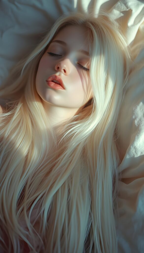 A serene, ethereal scene unfolds as a young girl with long, straight, platinum blonde hair cascades down to her waist, her roots softly blending into the light, creating an almost celestial aura. Her lips, painted in pastel shades, are gently parted, and she sleeps peacefully on her back, her eyelashes fluttering in the gentle breeze. The room is bathed in soft, pastel light, casting a comforting glow, with a pastel-colored quilt covering her. The composition includes delicate, fluffy clouds in the background, enhancing the dreamy, tranquil atmosphere.