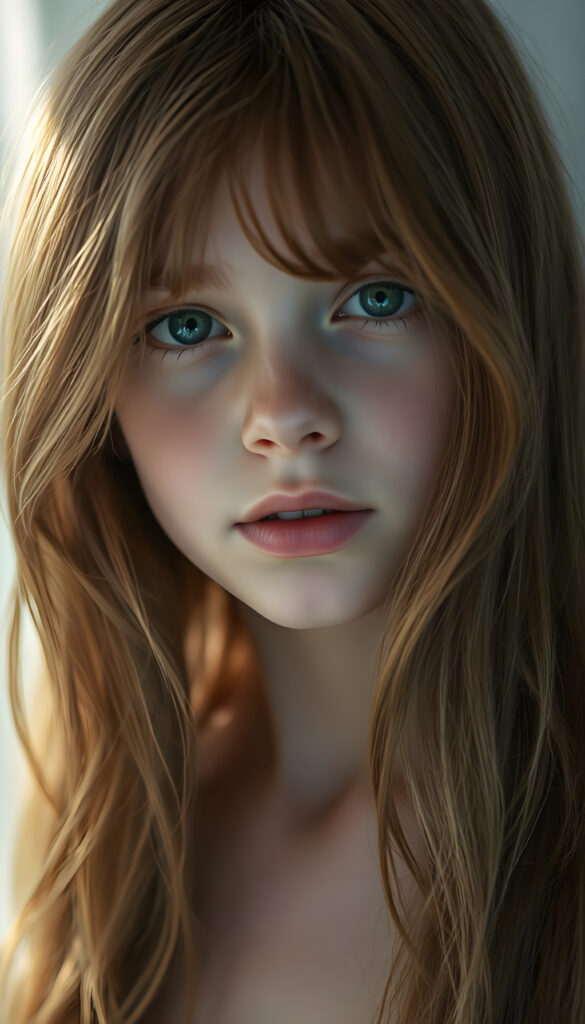 A serene young girl with cascading copper red hair and brown highlights, her strands flowing like silk over her shoulders, stands gracefully. Her face is a canvas of soft innocence, framed by delicate features. With emerald eyes that sparkle with warmth and curiosity, she gazes directly at the viewer. Her lips, full and inviting, hint at hidden stories, while her white teeth add a touch of charm. Her flawless skin glows under a gentle, ethereal light, casting soft shadows that enhance her enchanting appearance. The scene is bathed in a palette of pale blues and whites, creating a dreamy, serene atmosphere. Her hair, a waterfall of azure, covers her shoulders like a veil, adding an air of mystery and allure. The image captures her in a moment of quiet confidence, exuding a sense of peace and timeless beauty.
