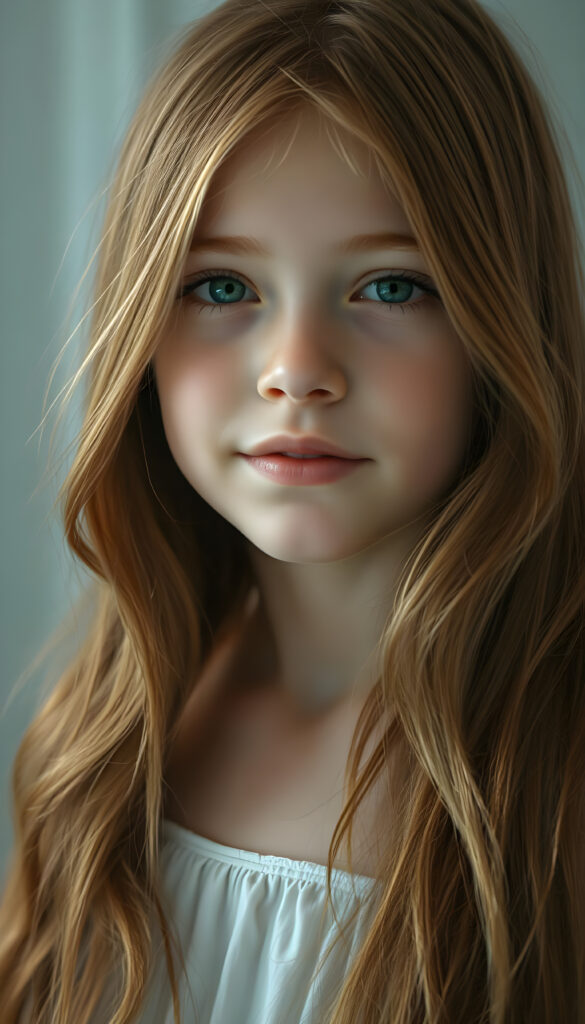 A serene young girl with cascading copper red hair and brown highlights, her strands flowing like silk over her shoulders, stands gracefully. Her face is a canvas of soft innocence, framed by delicate features. With emerald eyes that sparkle with warmth and curiosity, she gazes directly at the viewer. Her lips, full and inviting, hint at hidden stories, while her white teeth add a touch of charm. Her flawless skin glows under a gentle, ethereal light, casting soft shadows that enhance her enchanting appearance. The scene is bathed in a palette of pale blues and whites, creating a dreamy, serene atmosphere. Her hair, a waterfall of azure, covers her shoulders like a veil, adding an air of mystery and allure. The image captures her in a moment of quiet confidence, exuding a sense of peace and timeless beauty.