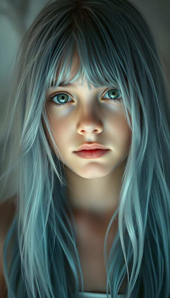 A serene young girl with cascading light blue hair, her strands flowing like silk over her shoulders, stands gracefully. Her face is a canvas of soft innocence, framed by delicate features. With emerald eyes that sparkle with warmth and curiosity, she gazes directly at the viewer. Her lips, full and inviting, hint at hidden stories, while her white teeth add a touch of charm. Her flawless skin glows under a gentle, ethereal light, casting soft shadows that enhance her enchanting appearance. The scene is bathed in a palette of pale blues and whites, creating a dreamy, serene atmosphere. Her hair, a waterfall of azure, covers her shoulders like a veil, adding an air of mystery and allure. The image captures her in a moment of quiet confidence, exuding a sense of peace and timeless beauty.