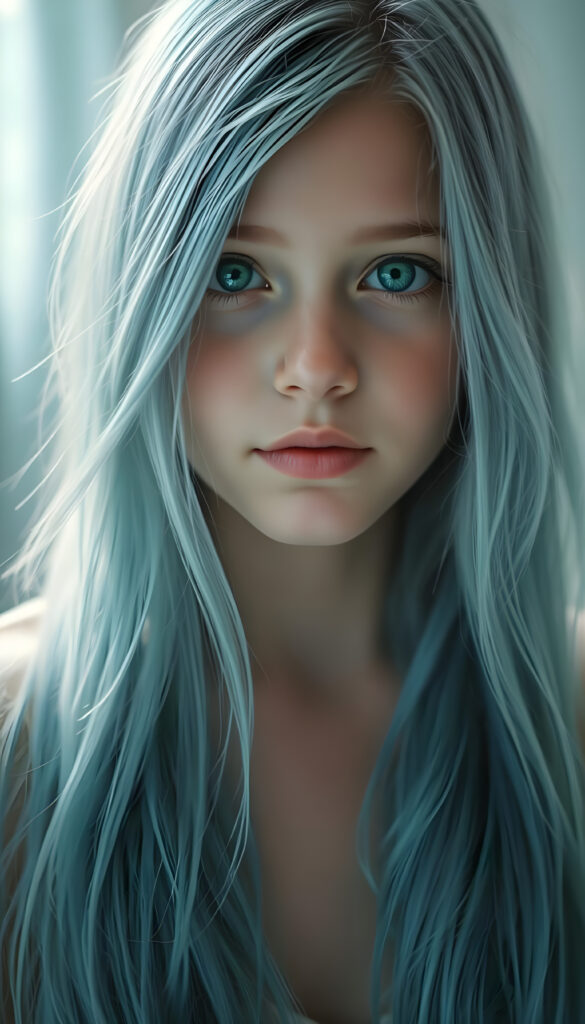 A serene young girl with cascading light blue hair, her strands flowing like silk over her shoulders, stands gracefully. Her face is a canvas of soft innocence, framed by delicate features. With emerald eyes that sparkle with warmth and curiosity, she gazes directly at the viewer. Her lips, full and inviting, hint at hidden stories, while her white teeth add a touch of charm. Her flawless skin glows under a gentle, ethereal light, casting soft shadows that enhance her enchanting appearance. The scene is bathed in a palette of pale blues and whites, creating a dreamy, serene atmosphere. Her hair, a waterfall of azure, covers her shoulders like a veil, adding an air of mystery and allure. The image captures her in a moment of quiet confidence, exuding a sense of peace and timeless beauty.