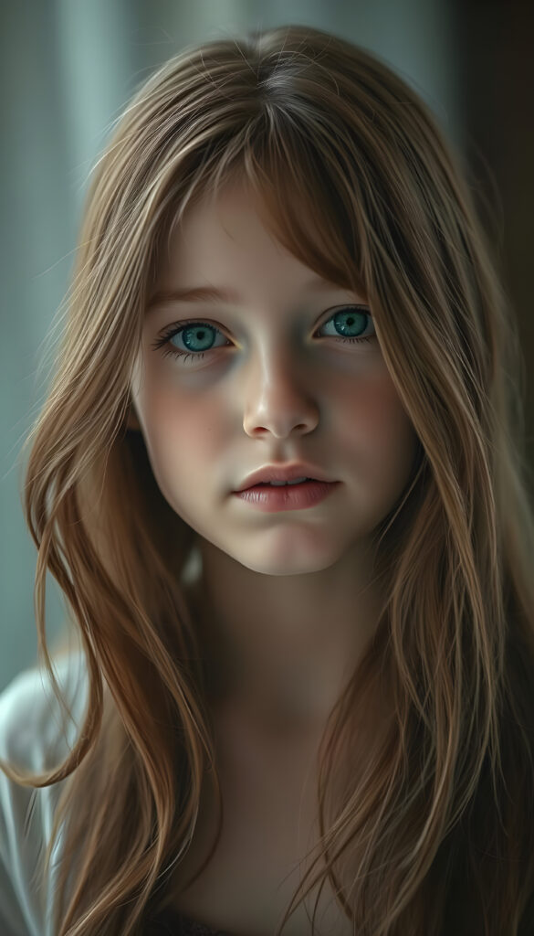 A serene young girl with cascading copper red hair and brown highlights, her strands flowing like silk over her shoulders, stands gracefully. Her face is a canvas of soft innocence, framed by delicate features. With emerald eyes that sparkle with warmth and curiosity, she gazes directly at the viewer. Her lips, full and inviting, hint at hidden stories, while her white teeth add a touch of charm. Her flawless skin glows under a gentle, ethereal light, casting soft shadows that enhance her enchanting appearance. The scene is bathed in a palette of pale blues and whites, creating a dreamy, serene atmosphere. Her hair, a waterfall of azure, covers her shoulders like a veil, adding an air of mystery and allure. The image captures her in a moment of quiet confidence, exuding a sense of peace and timeless beauty.