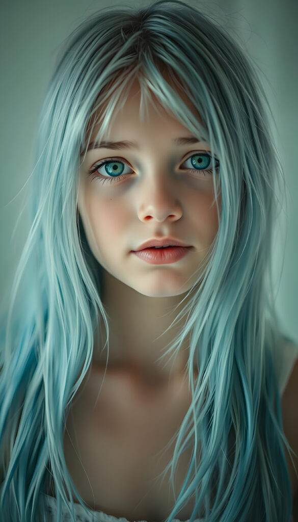 A serene young girl with cascading light blue hair, her strands flowing like silk over her shoulders, stands gracefully. Her face is a canvas of soft innocence, framed by delicate features. With emerald eyes that sparkle with warmth and curiosity, she gazes directly at the viewer. Her lips, full and inviting, hint at hidden stories, while her white teeth add a touch of charm. Her flawless skin glows under a gentle, ethereal light, casting soft shadows that enhance her enchanting appearance. The scene is bathed in a palette of pale blues and whites, creating a dreamy, serene atmosphere. Her hair, a waterfall of azure, covers her shoulders like a veil, adding an air of mystery and allure. The image captures her in a moment of quiet confidence, exuding a sense of peace and timeless beauty.
