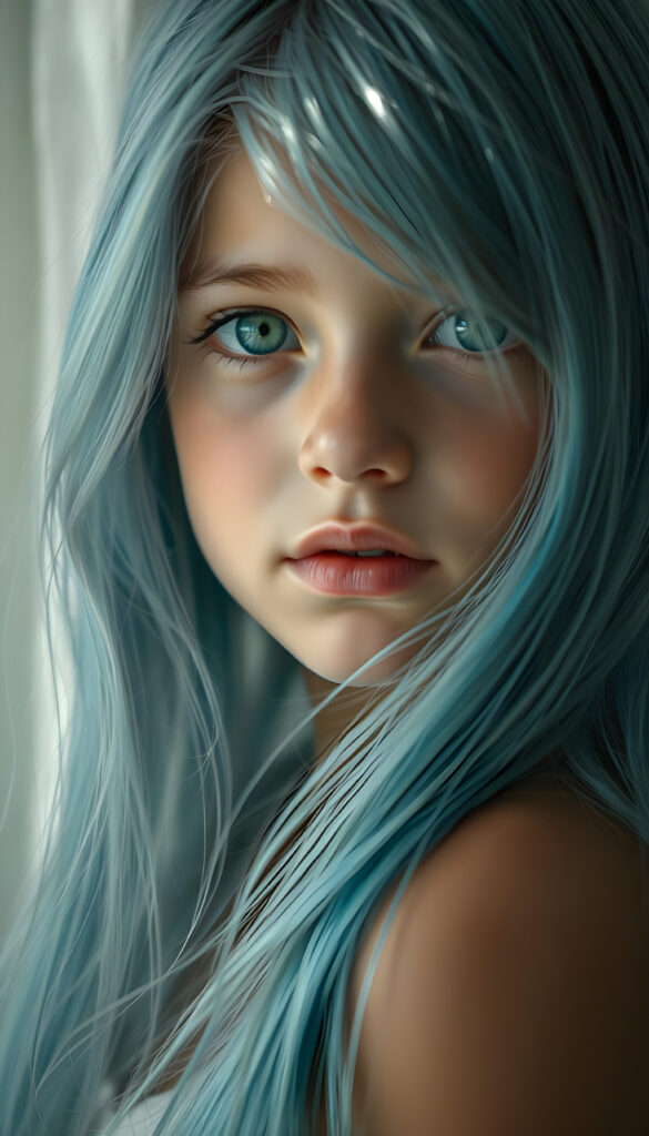 A serene young girl with cascading light blue hair, her strands flowing like silk over her shoulders, stands gracefully. Her face is a canvas of soft innocence, framed by delicate features. With emerald eyes that sparkle with warmth and curiosity, she gazes directly at the viewer. Her lips, full and inviting, hint at hidden stories, while her white teeth add a touch of charm. Her flawless skin glows under a gentle, ethereal light, casting soft shadows that enhance her enchanting appearance. The scene is bathed in a palette of pale blues and whites, creating a dreamy, serene atmosphere. Her hair, a waterfall of azure, covers her shoulders like a veil, adding an air of mystery and allure. The image captures her in a moment of quiet confidence, exuding a sense of peace and timeless beauty.