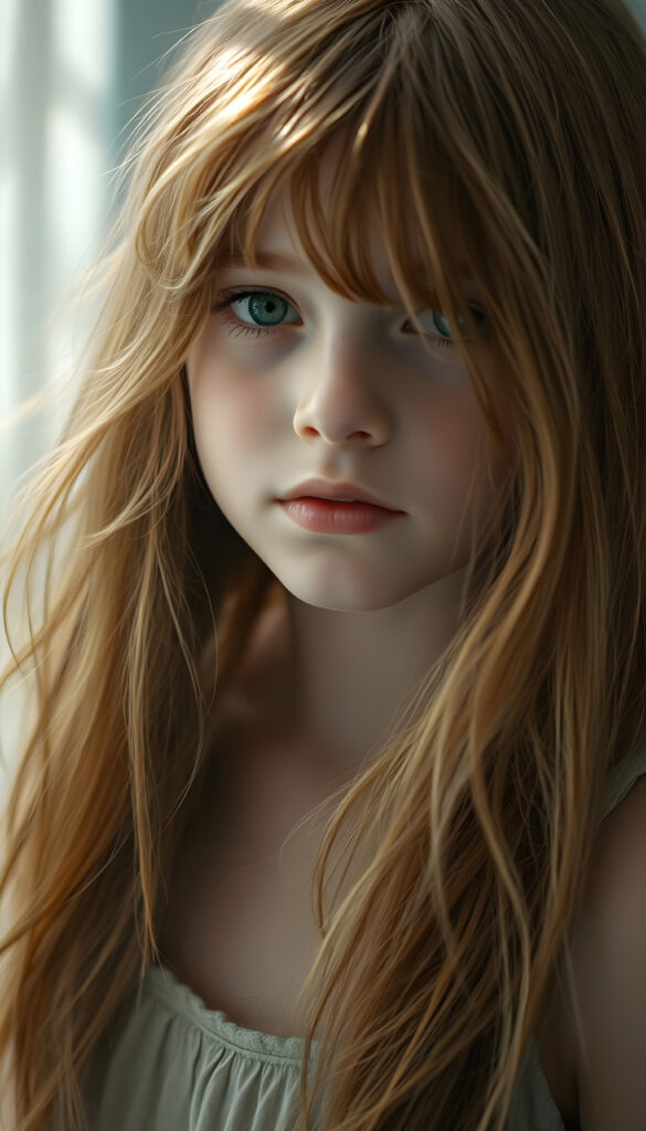 A serene young girl with cascading copper red hair and brown highlights, her strands flowing like silk over her shoulders, stands gracefully. Her face is a canvas of soft innocence, framed by delicate features. With emerald eyes that sparkle with warmth and curiosity, she gazes directly at the viewer. Her lips, full and inviting, hint at hidden stories, while her white teeth add a touch of charm. Her flawless skin glows under a gentle, ethereal light, casting soft shadows that enhance her enchanting appearance. The scene is bathed in a palette of pale blues and whites, creating a dreamy, serene atmosphere. Her hair, a waterfall of azure, covers her shoulders like a veil, adding an air of mystery and allure. The image captures her in a moment of quiet confidence, exuding a sense of peace and timeless beauty.